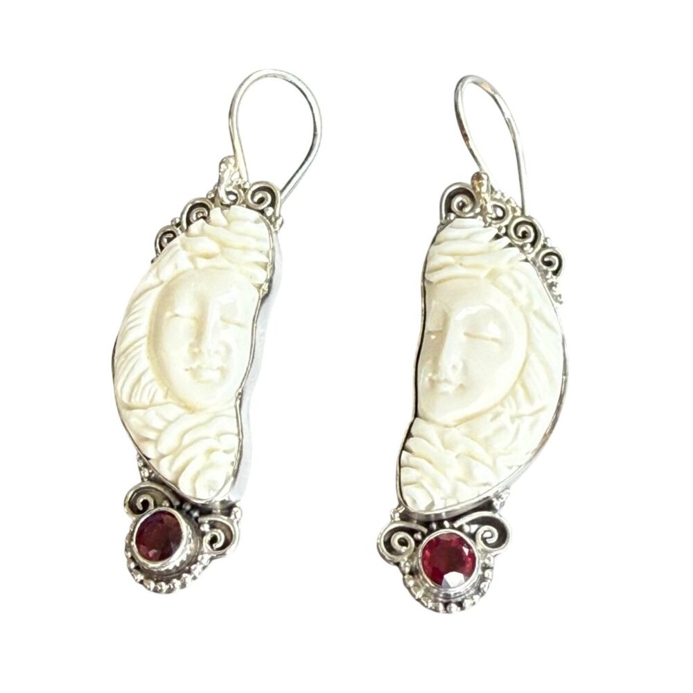 Hand-Carved Face Sterling Silver Earrings With Garnet Gemstone Accents